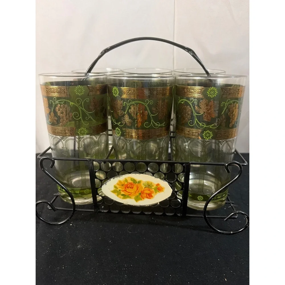 Vintage Cera Highball Glasses Set of 6 Green Gold Grape MCM Black‎ Metal Caddy